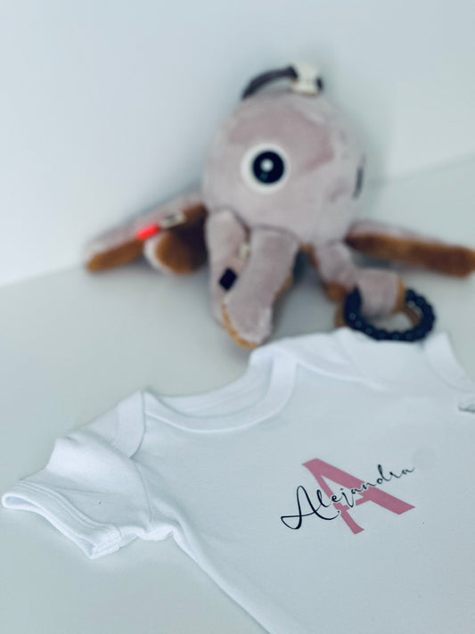 Body personalizado con el nombre de la recién nacida en rosa