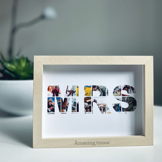 Marco de madera con un collage personalizado en forma de letras