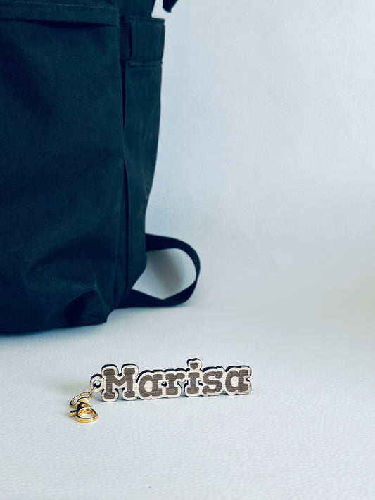Etiqueta de mochila personalizada madera