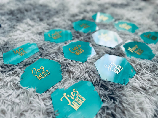 Placas cumple mes en turquesa y oro