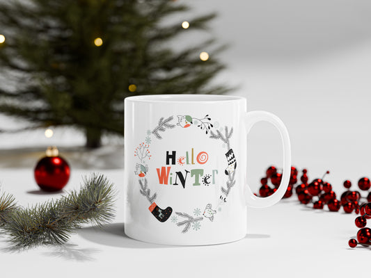 Taza de Navidad con el texto “Hello Winter” en diseño festivo, ideal como regalo navideño personalizado.